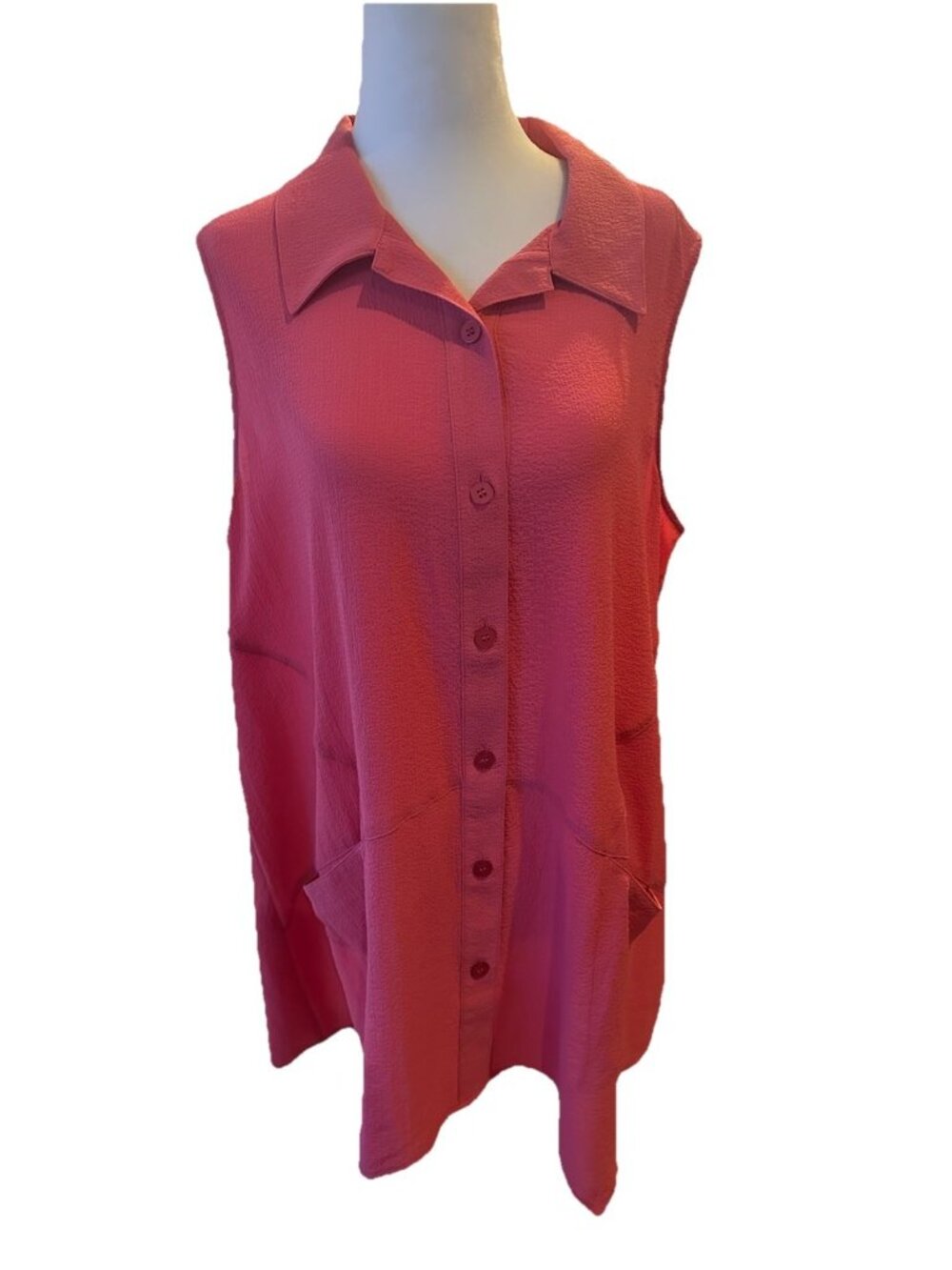 Joan Rivers Sleeveless Textured Crepe Button Front Shirt-Watermelon L/XL Summer